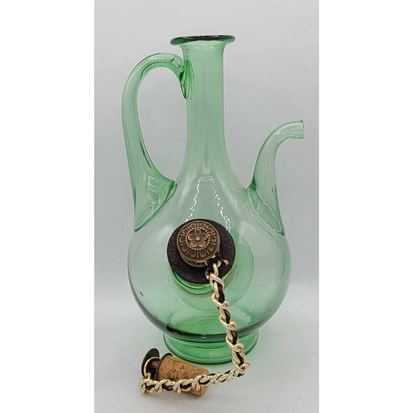 Vintage 1960's Italian Green Glass Decanter w/ Ornate Corks & Ice Chamber 11"H - Picture 6 of 14